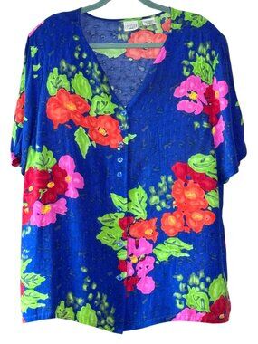 Vintage Carolina Colours Plus Floral Rayon Blouse Size 24W Blue Pink Red Tropica